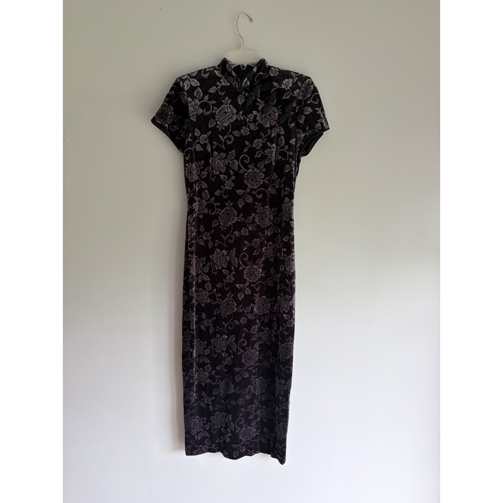 Vintage 90s Y2K Black Velvet Floral Cheongsam Midi Dress Sz 8 Goth Whimsy Fairy